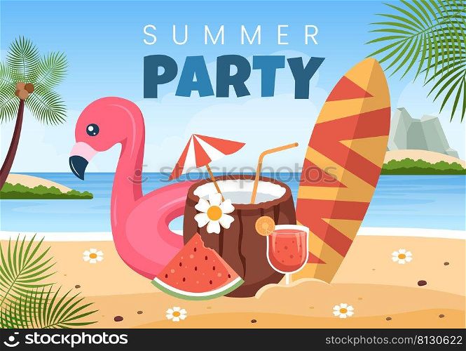 Summer Party Cartoon Background Illustration with Tropical Plants, Equipment on the Beach for Poster or Greeting Card Design