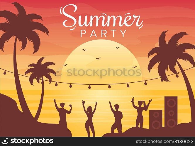 Summer Party Cartoon Background Illustration with Tropical Plants, Equipment on the Beach for Poster or Greeting Card Design