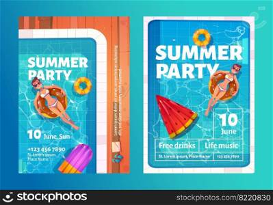 Summer party cartoon flyers with woman in swimming pool on inflatable ring top view. Invitation card or poster for summertime vacation entertainment with free drinks and live music vector illustration. Summer party cartoon flyers with woman in pool
