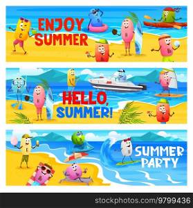 Summer party, cheerful cartoon vitamin characters on beach vacation. H, E, U, B6 and N, P, B3 and B12, C, B9 and A personages playing on ocean shore. Vector banners of water fun recreation. Summer party, cheerful cartoon vitamin characters