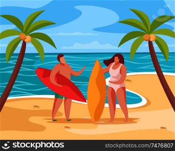 Summer party concept composition with tropical scenery images of palms on beach with people and surfboards vector illustration