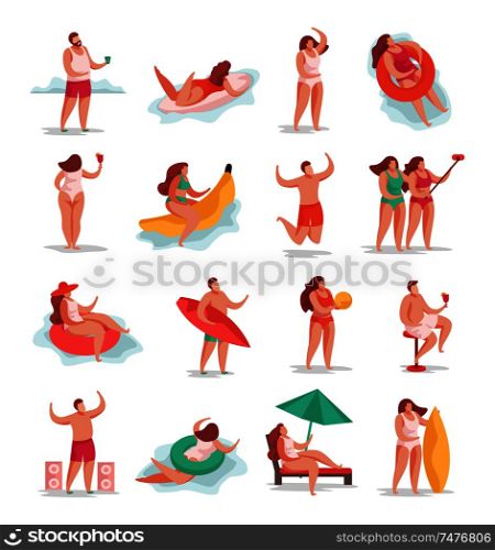 Summer party flat icons collection of isolated colourful items and human characters during seasonal vacation activities vector illustration