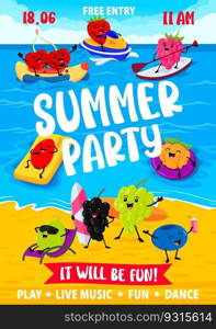 Summer party flyer. Cartoon berry characters on summer beach. Beach party vector poster with cherry, grapes, raspberry and strawberry, rosehip, gooseberry berry funny personages surfing and swimming. Summer party flyer with cartoon berry characters