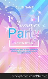 Summer Party in Night Club on Tropical Beach Flyer. Cartoon Advertisement with Skyscrapers and Palms Silhouettes. Summer Vacation and Rest on Weekend. Disco Dance Party Invitation. Vector Illustration. Summer Party in Night Club on Tropical Beach Flyer