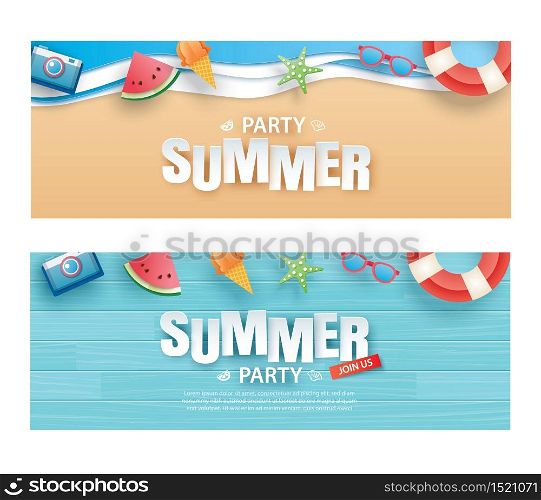 Summer party invitation banner with decoration origami. Paper art and craft style. Vector illustration of life ring, ice cream, camera, watermelon, sunglasses.