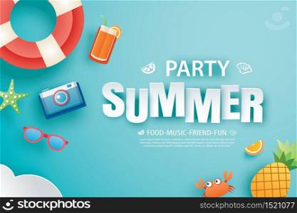 Summer party invitation banner with decoration origami. Paper art and craft style. Vector illustration of life ring, ice cream, camera, watermelon, sunglasses.