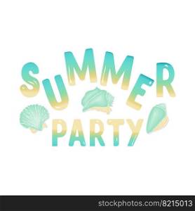 Summer party lettering gradient, doodle seashells, set for your design. Isolated, white background.