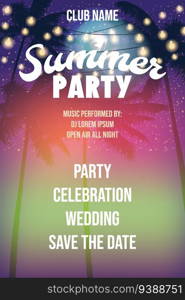 Summer Party Night Beach Poster Template Template Design, Palms Party Flyer. Vector background card advertising isolated illustration. Summer Party Night Beach Poster Template Design, Palms Party , Flyer