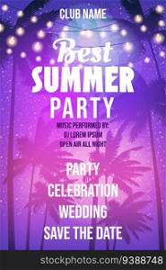Summer Party Night Beach Template Design Palms Party Poster, Flyer. Vector background card advertising isolated illustration. Summer Party Night Beach Template Design Palms Party Poster, Flyer