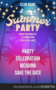 Summer Party Night Beach Template Design Palms Party Poster, Flyer. Vector background card advertising isolated illustration. Summer Party Night Beach Template Design Palms Party Poster, Flyer