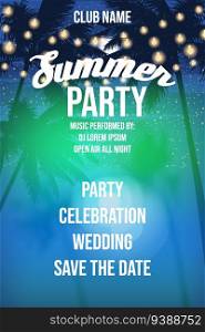 Summer Party Night Beach Template Design Palms Party Poster, Flyer. Vector background card advertising isolated illustration. Summer Party Night Beach Template Design Palms Party Poster, Flyer