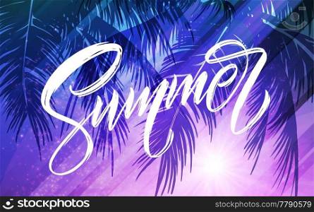 Summer party poster. Palm leaf and sea background. Vector illustration EPS10. Summer lettering. Palm leaf and sea background. Vector illustration