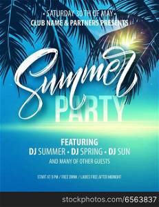 Summer party poster. Palm leaf and sea background. Vector illustration EPS10. Summer party poster. Palm leaf and sea background. Vector illustration