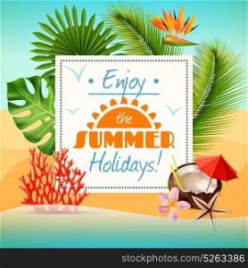 Summer Party Poster. Realistic summer party poster with coconut cocktail and tropical plants on beach vector illustration