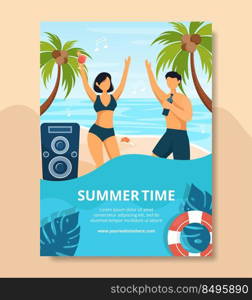 Summer Party Poster Template Flat Cartoon Background Vector Illustration