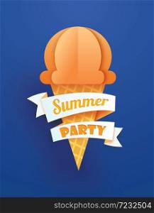 Summer party poster with ice cream cone on blue background. Paper art and craft style.