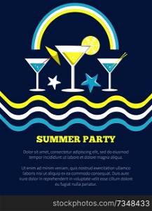 Summer party poster with martini glasses and umbrella, orange slices and wavy lines vector illustration with rainbow isolated on blue background. Summer Party Poster with Martini Glasses Vector
