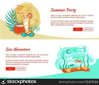 Summer party sea adventures posters set with cocktails in glasses, coconut shell with straw, sun glasses and exotic plants and underwater world with place for text. Summer Party Poster Cocktails and Underwater World
