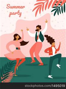 Summer Party Vertical Banner. Diverse Multiracial Man and Woman Characters in Festive Clothes Dancing on Nature Background with Palm Leaves. Music Festival Placard Cartoon Flat Vector Illustration. Summer Party Festival Vertical Banner Placard