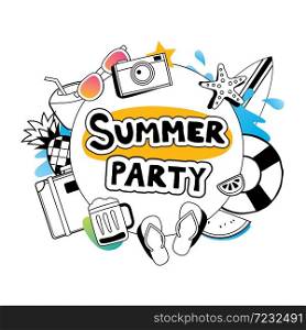 Summer party with doodle icon and design on white background. Invitation poster in hand drawn style. Use for labels, card, tag, stickers, badges, flyer, banner, vector illustration.