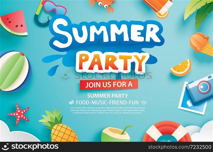 Summer party with paper cut symbol and icon for invitation background. Art and craft style. Use for ads, banner, poster, card, cover, stickers, badges, illustration design.