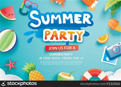 Summer party with paper cut symbol and icon for invitation background. Art and craft style. Use for ads, banner, poster, card, cover, stickers, badges, illustration design.