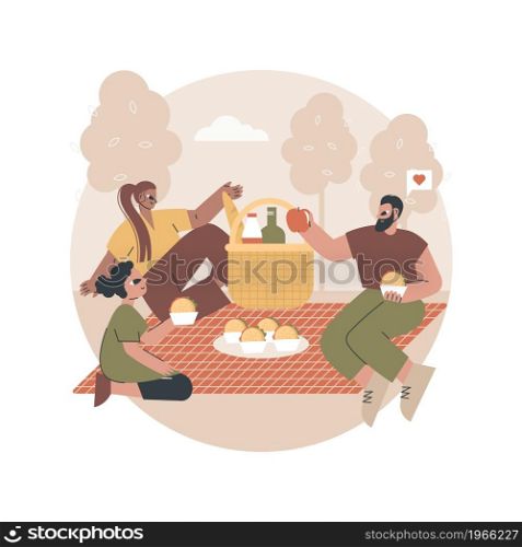 Summer picnic abstract concept vector illustration. Summer weekend activity, leisure time spending, cooking out supplies, picnic basket, family eating outdoors, park, snack idea abstract metaphor.. Summer picnic abstract concept vector illustration.