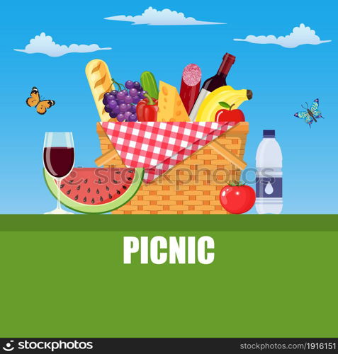 Summer picnic concept with basket full of products. Vector illustration in flat style. Summer picnic concept with basket,