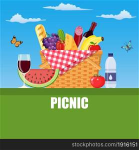 Summer picnic concept with basket full of products. Vector illustration in flat style. Summer picnic concept with basket,