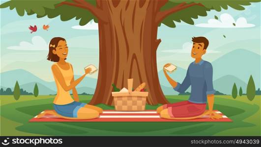 Summer Picnic Couple Retro Cartoon Poster. Sunny afternoon outdoor picnic together retro cartoon poster with young romantic couple lunching under tree vector illustration
