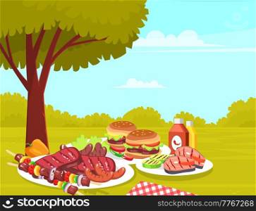Summer picnic in nature. Products prepared for outdoor dining. Burger, steaks, grilled salmon, kebab and vegetables. Food for eating and barbecue in forest. Rest and pastime in park among trees. Summer picnic in nature. Products prepared for outdoor dining. Burger, steaks, grilled salmon, kebab