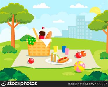 Summer picnic on forest background. Family concept with picnic party stuff. Straw basket, wine and food for outing on public park. Summer picnic on forest background. Family concept with picnic party stuff