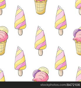 Summer. Pink ice cream seamless pattern. Wonderful bright pattern with a cold dessert. Print for cloth design, textile. Print for cloth design, textile, fabric, wallpaper