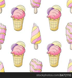 Summer. Pink ice cream seamless pattern. Wonderful bright pattern with a cold dessert. Print for cloth design, textile, fabric, wallpaper, wrapping paper. Print for cloth design, textile, fabric, wallpaper