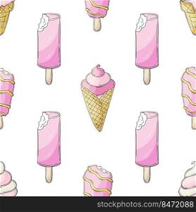 Summer. Pink ice cream seamless pattern. Wonderful pattern with cold dessert. Print for cloth design, textile, fabric. Print for cloth design, textile, fabric, wallpaper