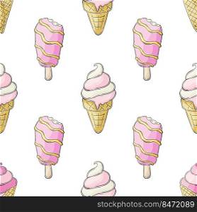 Summer. Pink ice cream seamless pattern. Wonderful pattern with cold dessert. Print for cloth design, textile, fabric, wallpaper. Print for cloth design, textile, fabric, wallpaper