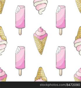Summer. Pink ice cream seamless pattern. Wonderful pattern with cold dessert. Print for cloth design, textile, fabric, wallpaper, wrapping. Print for cloth design, textile, fabric, wallpaper