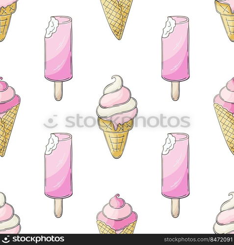 Summer. Pink ice cream seamless pattern. Wonderful pattern with cold dessert. Print for cloth design, textile, fabric, wallpaper, wrapping paper. Print for cloth design, textile, fabric, wallpaper