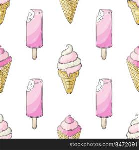 Summer. Pink ice cream seamless pattern. Wonderful pattern with cold dessert. Print for cloth design, textile, fabric, wallpaper, wrapping paper. Print for cloth design, textile, fabric, wallpaper