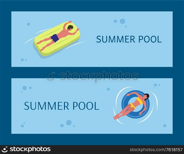 Summer pool in blue color, man lying on rubber mattress, woman sunbathing on inflatable circle in water, people wearing swimwear, aqua activity vector. People Lying on Rubber Mattress and Circle Vector