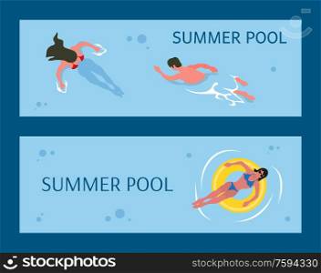 Summer pool in blue color, woman sunbathing on rubber circle, swimming male and female in water, full length view of relaxing people in swimsuit vector. Water Activity, Sunbathing and Swimming Vector