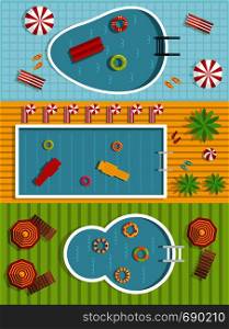 Summer pool party banner horizontal concept set. Flat illustration of 3 summer pool party vector banner horizontal concepts for web. Summer pool banner horizontal set, flat style