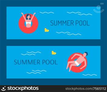 Summer pool people floating in lifebuoy lifeline posters with text set. Man and woman in red saving rings, vacation in summer, female and male vector. Summer Pool People in Lifebuoy Vector Illustration