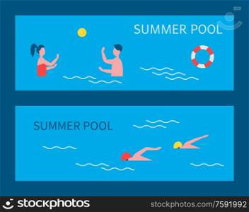 Summer pool people on vacation summertime holidays water games polo and couple. Professional sportsmen swimmers wearing special goggles set vector. Summer Pool People on Vacation Vector Illustration