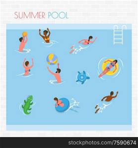 Summer pool, people splashing in water, man and woman swimming and playing with ball. Sunbathing female on rubber circle, aqua relax or leisure vector. People Swimming and Playing in Pool, Summer Vector