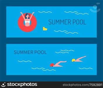 Summer pool posters and text. Woman in lifeline saving ring in water people professional experts in sport training together. Swimming person vector. Summer Pool Posters and Text Vector Illustration