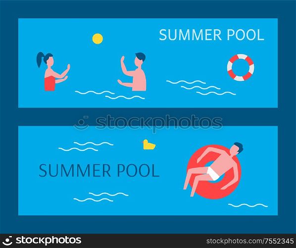 Summer pool posters set with text. People having fun in basin, man floating on water surface in lifebuoy couple playing active games underwater vector. Summer Pool Posters Swimming Vector Illustration