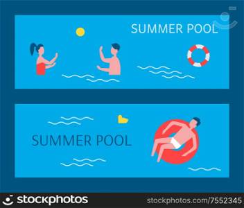 Summer pool posters set with text. People having fun in basin, man floating on water surface in lifebuoy couple playing active games underwater vector. Summer Pool Posters Swimming Vector Illustration