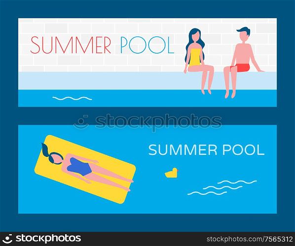 Summer pool vacation of people in basin. Set of posters woman lying on mattress chicken toy floating beside. Couple sitting together by water vector. Summer Pool Vacation Posters Vector Illustration