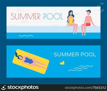 Summer pool vacation of people in basin. Set of posters woman lying on mattress chicken toy floating beside. Couple sitting together by water vector. Summer Pool Vacation Posters Vector Illustration